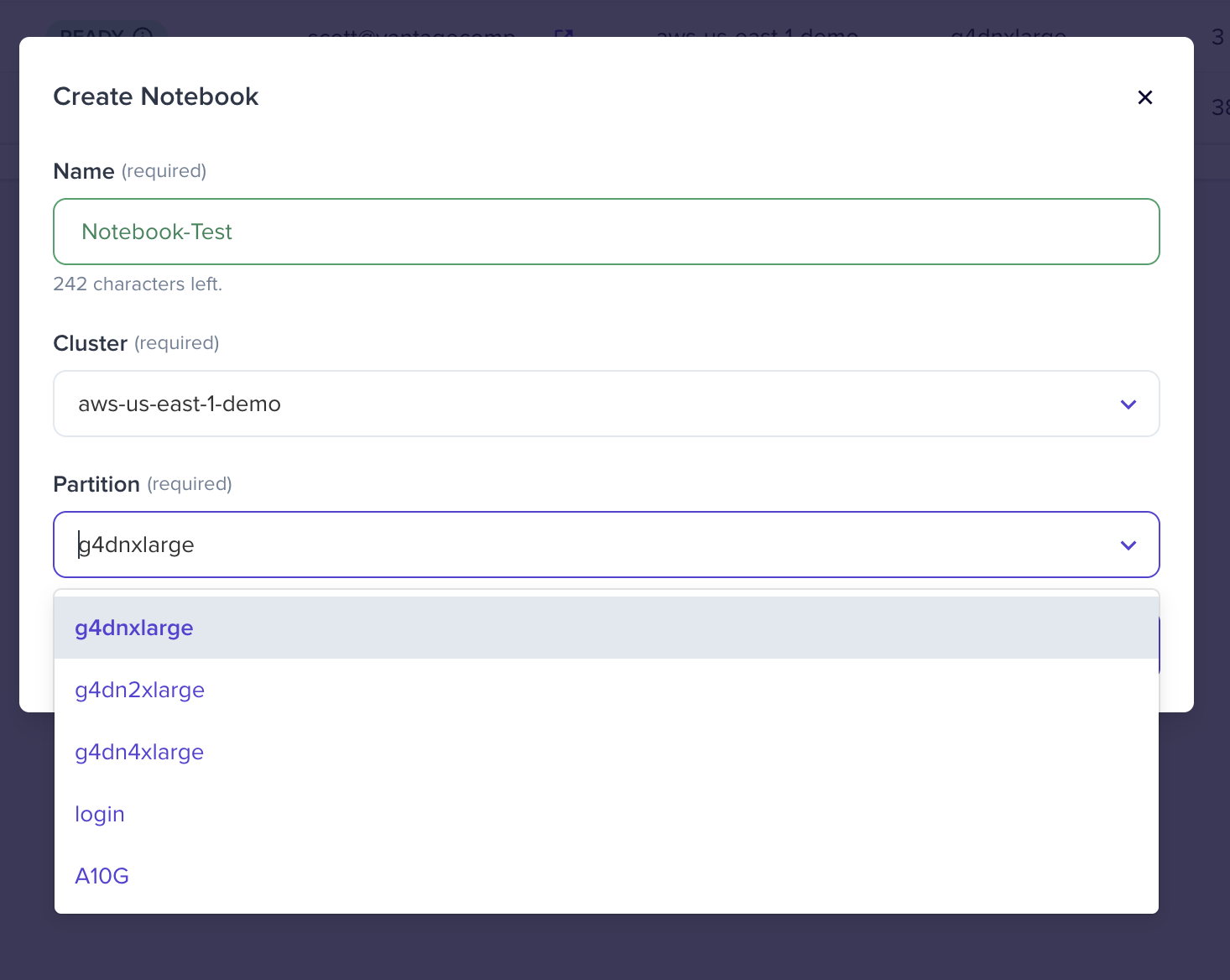 Notebook name and cluster selection